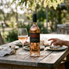A bottle of Rosé Estate rosé wine stands on a rustic wooden table outdoors, with a filled wine glass, plates of food, and a person's hand reaching in the background. The scene is set in a sunny, blurred garden environment.