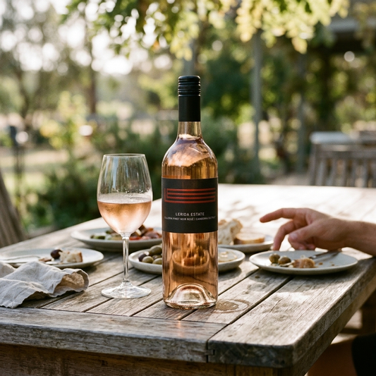 A bottle of Rosé Estate rosé wine stands on a rustic wooden table outdoors, with a filled wine glass, plates of food, and a person's hand reaching in the background. The scene is set in a sunny, blurred garden environment.